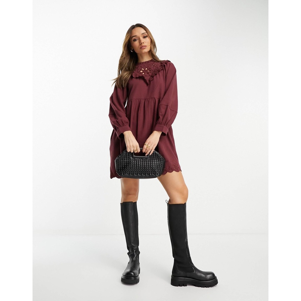 NEW Madewell Eyelet Yoke Mini Dress Sz XXS Burgundy Ruffle Babydoll Cottagecore